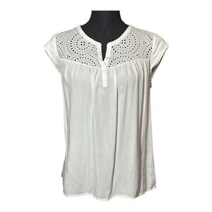 Pale Sky White Eyelet Bodice Cap Sleeve Romanic Boho Summer Top Size Medium